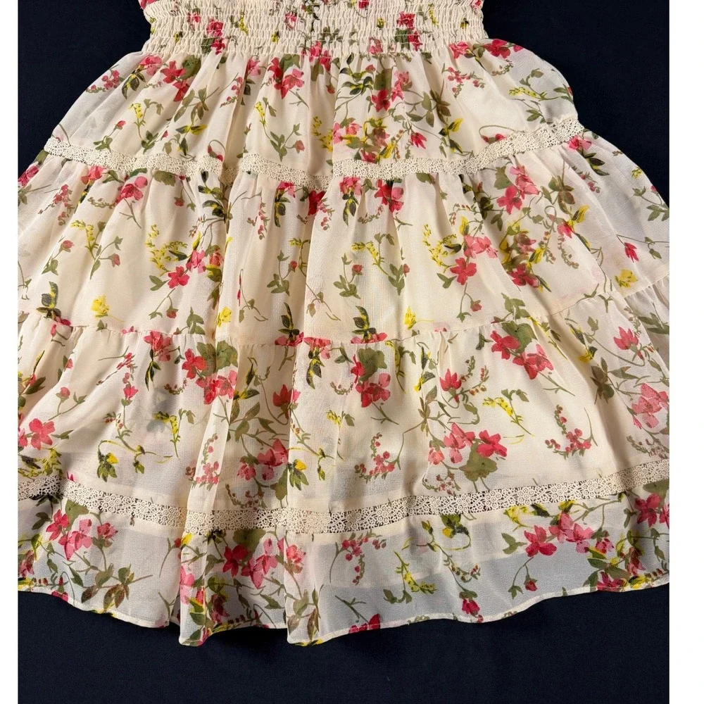 Taylor Floral Chiffon Tiered Mini Dress Cream Pink Smocked Waist Size M‎ - Picture 4 of 9